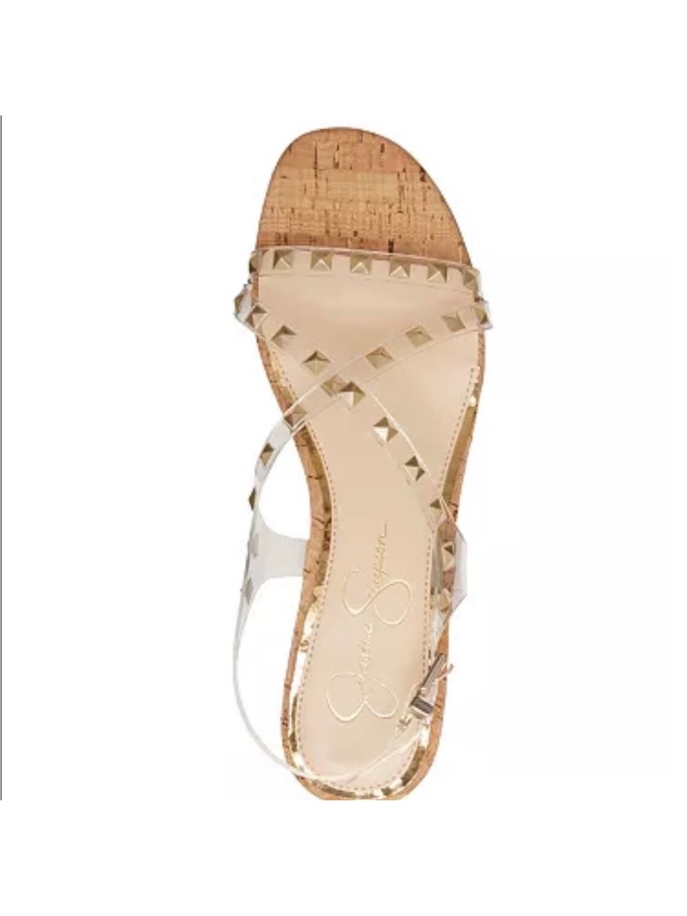 Jessica Simpson Clear PVC Sandal with Gold Studs and Cork Sole
